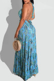 Blue Elegant Print Patchwork Backless Halter Straight Dresses