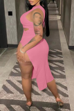 Red Sexy Solid Hollowed Out One Shoulder Pencil Skirt Dresses