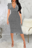 Silver Sexy Solid Split Joint V Neck Pencil Skirt Dresses