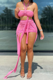 Pink Sexy Solid Bandage Split Joint Asymmetrical Strapless Sleeveless Two Pieces