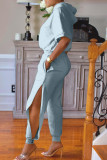 Blue Gray Fashion Casual Solid Slit Hooded Collar Short Sleeve Two Pieces