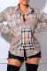 Khaki Fashion Casual Plaid Print Basic Turndown Collar Tops
