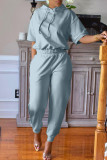 Blue Gray Fashion Casual Solid Slit Hooded Collar Short Sleeve Two Pieces