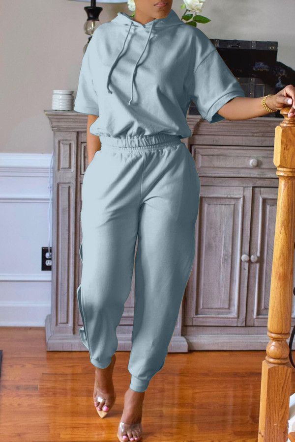 Blue Gray Fashion Casual Solid Slit Hooded Collar Short Sleeve Two Pieces
