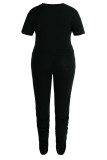 Black Fashion Sexy O Neck Solid Two Piece Suits Stitching Plus Size