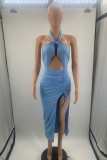 Red Sexy Solid Hollowed Out Draw String Frenulum Backless Halter Sleeveless Dress
