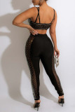 Black Sexy Solid Split Joint See-through Hot Drill Spaghetti Strap Sleeveless Two Pieces