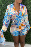 Colour Casual Print Patchwork Turndown Collar Long Sleeve Two Pieces