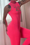 Rose Red Casual Sportswear Solid Embroidered Patchwork Turtleneck Skinny Jumpsuits