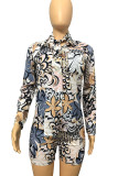 Colour Casual Print Patchwork Turndown Collar Long Sleeve Two Pieces
