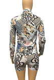 Colour Casual Print Patchwork Turndown Collar Long Sleeve Two Pieces