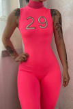 Rose Red Casual Sportswear Solid Embroidered Patchwork Turtleneck Skinny Jumpsuits
