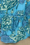 Blue Elegant Print Patchwork Backless Halter Straight Dresses