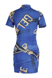 Light Blue Fashion Casual Print Basic Zipper Collar Short Sleeve Dress
