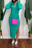 Green Sexy Solid Patchwork Turndown Collar Irregular Dress Dresses