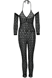 Black Sexy Solid Patchwork Halter Skinny Jumpsuits