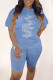 Baby Blue Fashion Casual Print Letter O Neck Short Sleeve Two Pieces