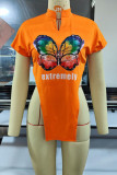 Tangerine Sexy Street Print Patchwork Asymmetrical Mandarin Collar T-Shirts