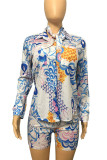 Colour Casual Print Patchwork Turndown Collar Long Sleeve Two Pieces