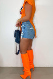Tangerine Sexy Street Print Patchwork Asymmetrical Mandarin Collar T-Shirts