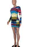 Red Sexy Striped Print Patchwork Fold O Neck Pencil Skirt Dresses