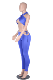 Blue Sexy Solid Patchwork Halter Sleeveless Two Pieces