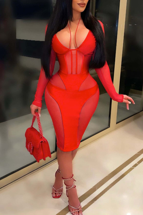Red Sexy Solid Patchwork See-through Pencil Skirt Dresses