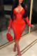 Red Sexy Solid Patchwork See-through Pencil Skirt Dresses