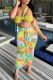 Yellow Sexy Print Patchwork One Shoulder Sleeveless Two Pieces
