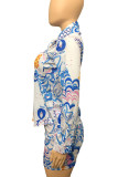 Colour Casual Print Patchwork Turndown Collar Long Sleeve Two Pieces