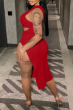 Red Sexy Solid Hollowed Out One Shoulder Pencil Skirt Dresses
