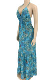 Blue Elegant Print Patchwork Backless Halter Straight Dresses