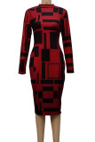 Light Brown Casual Elegant Print Patchwork O Neck One Step Skirt Dresses