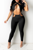 Blue Sexy Solid Patchwork Halter Sleeveless Two Pieces