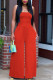 Tangerine Red Casual Solid Patchwork Strapless Straight Jumpsuits