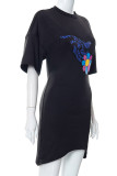 Black Casual Print Patchwork Asymmetrical O Neck Dresses