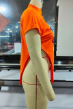 Tangerine Sexy Street Print Patchwork Asymmetrical Mandarin Collar T-Shirts