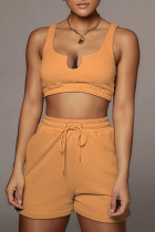 Orange Casual Solid Split Joint U Neck Two Pieces