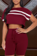 Burgundy Casual Solid Patchwork O Neck Short Sleeve Two Pieces