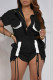 Black Fashion Casual Patchwork Solid Draw String Frenulum Turndown Collar Regular Romper