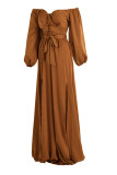 Light Brown Fashion Sexy Solid Backless Slit Off the Shoulder Long Dress Dresses