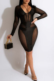 Red Sexy Solid Patchwork See-through Pencil Skirt Dresses