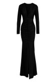Red Fashion Sexy Solid Slit Fold V Neck Long Sleeve Evening Dress