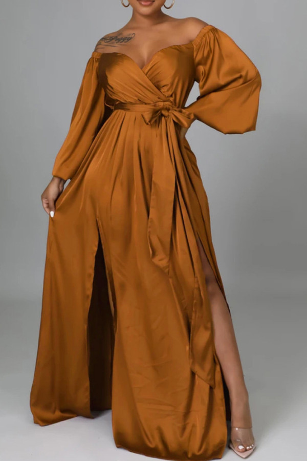 Light Brown Fashion Sexy Solid Backless Slit Off the Shoulder Long Dress Dresses