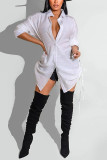 Red Casual Solid Patchwork Frenulum Buckle Slit Turndown Collar Tops
