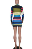 Red Sexy Striped Print Patchwork Fold O Neck Pencil Skirt Dresses