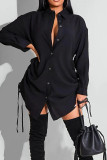 Red Casual Solid Patchwork Frenulum Buckle Slit Turndown Collar Tops