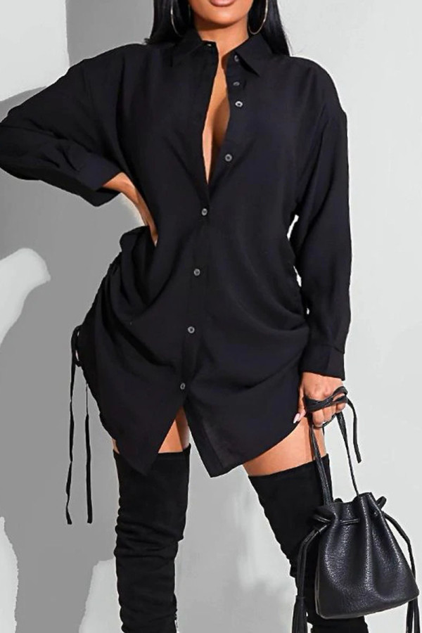 Black Casual Solid Patchwork Frenulum Buckle Slit Turndown Collar Tops
