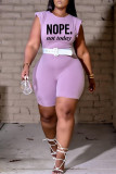 Purple Fashion Casual Letter Print Basic O Neck Regular Romper (Without Belt)