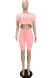 Pink Casual Solid Patchwork O Neck Short Sleeve Two Pieces